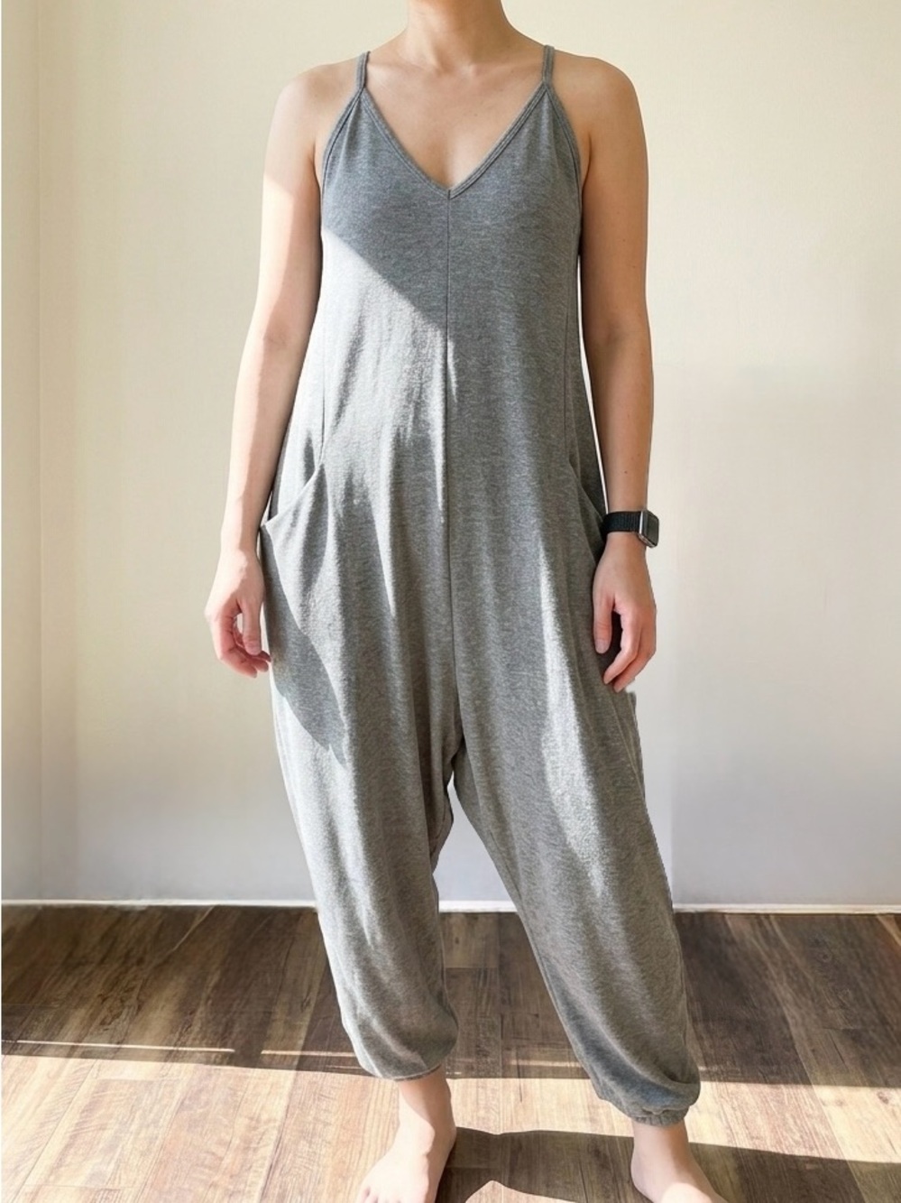 Wild Fable Grey Sleeveless Slouchy Knit Haren Jumpsuit Baggy Pocket Romper L EUC